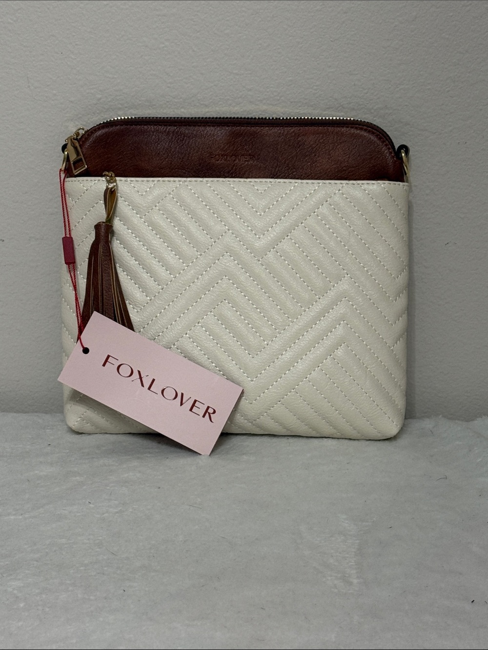 Foxlover Cream and Brown Quilted Crossbody Bag